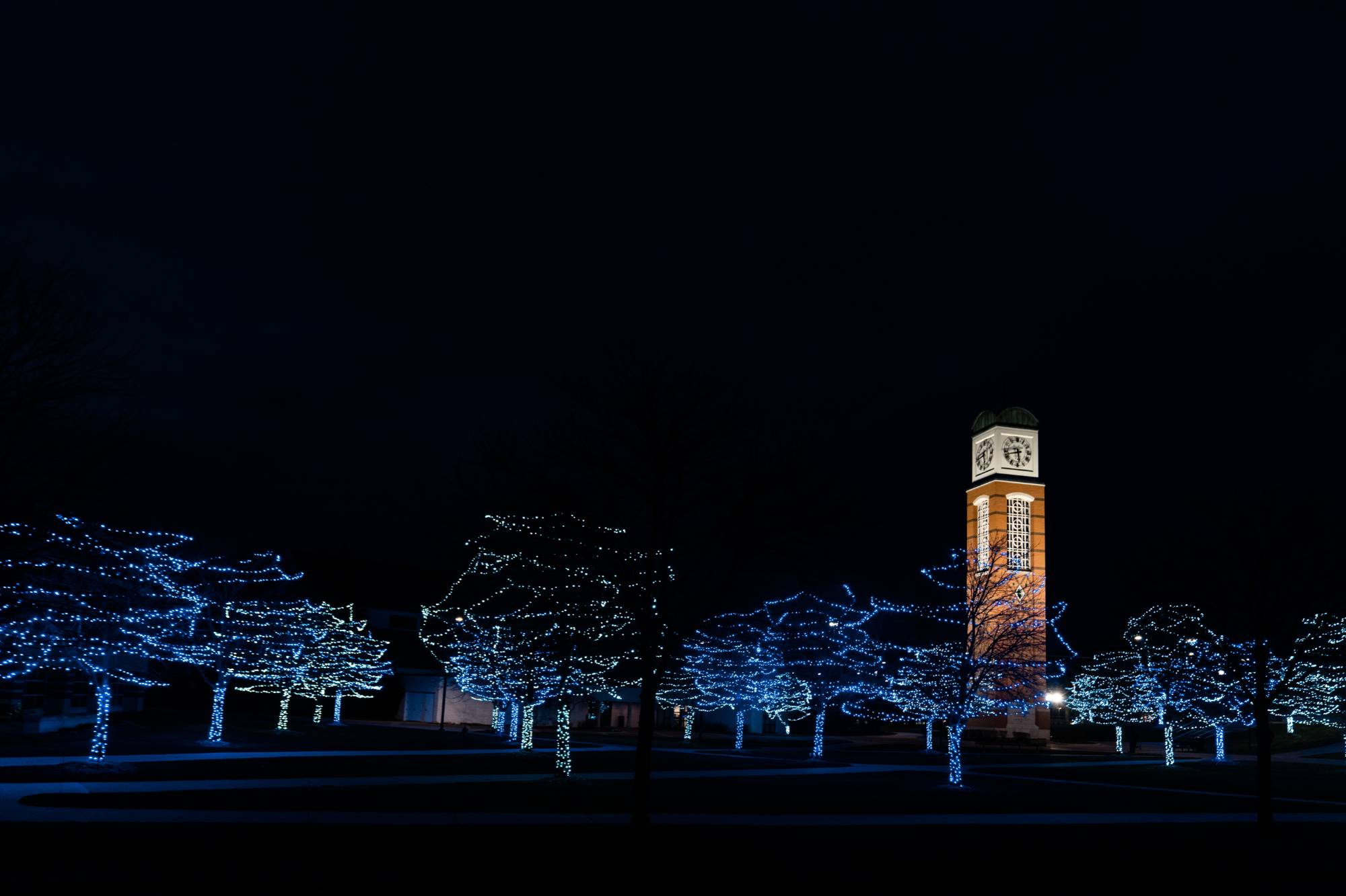 The Cook Carillon Towe on GVSU's Allendale Campus at night with lights